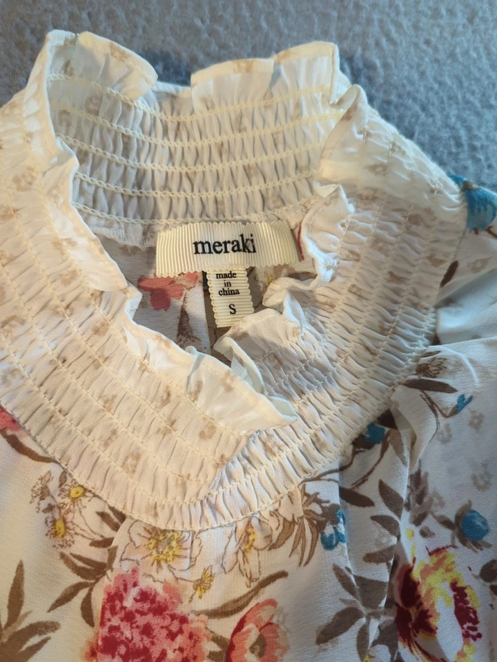 Blusa Meraki Para Mujer Pequeña Crema Floral Manga Larga Top Camisa Carrera Foto 2 de 4