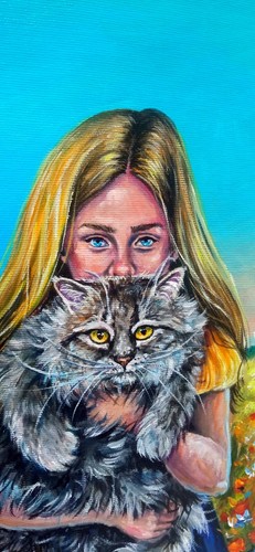 Original Acrylic Painting, Ukrainian Girl and Cat Amidst Drones, War art Ukraine - Picture 8 of 12
