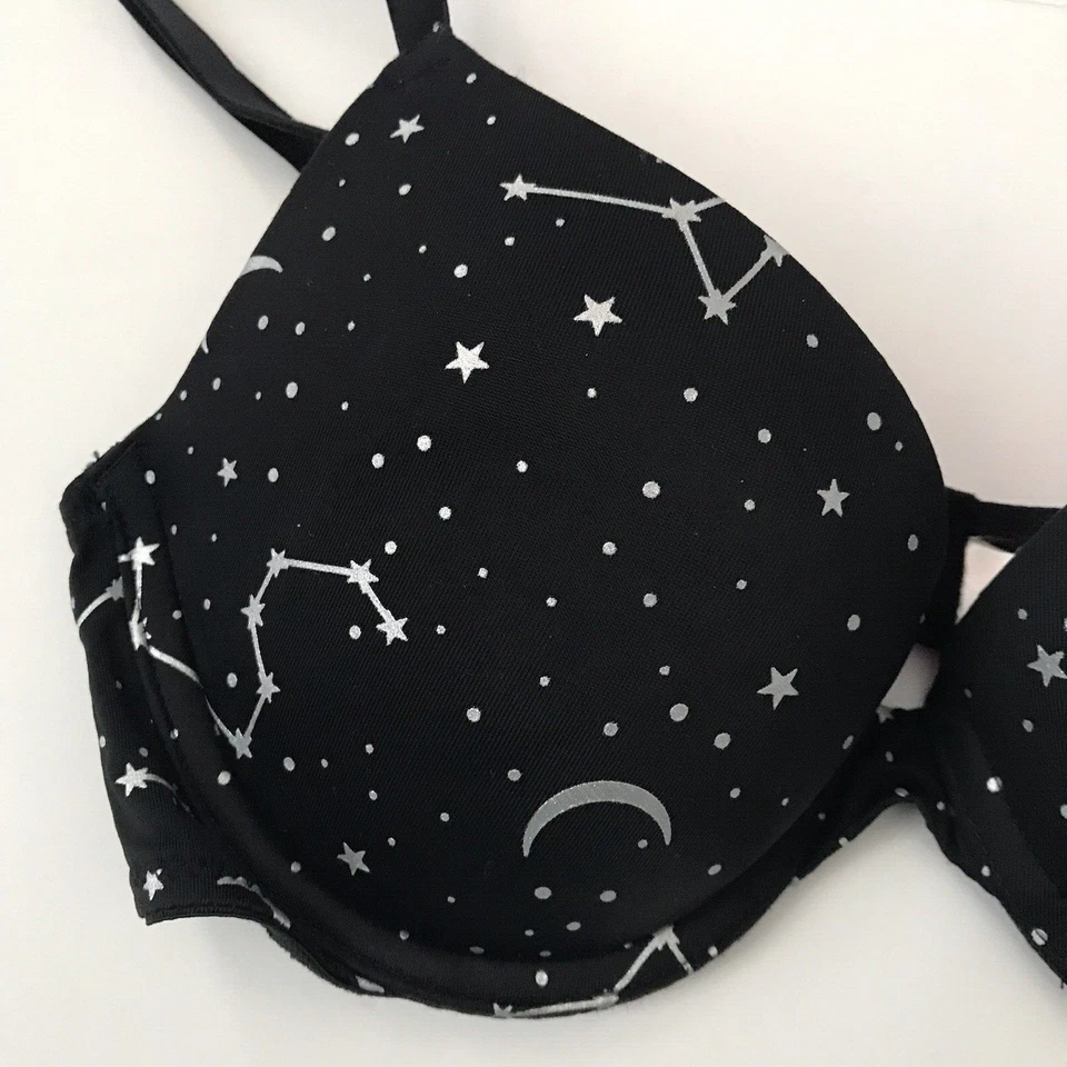 Sujetador Push Up Victoria's Secret ROSA 32B Estrellas Celestiales Plateado Hada Luna Negra Foto 3 de 4