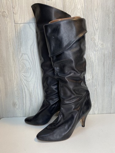 Vtg Tall stilettos Heel Black Spike Slouch Pirate leather 9.5 10 - Picture 4 of 8
