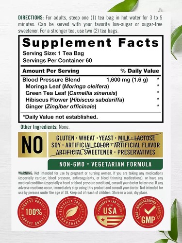 Blood Pressure Tea Bags | 60 Count | with Hibiscus Flower | Vegetarian, Non-Gmo - Picture 2 of 3