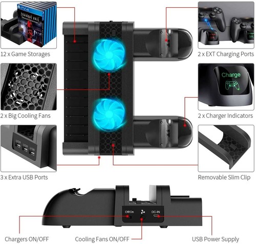 PS4/Pro/Slim Controller Charging Dock Station with Cooler Vertical Stand+Storage - Picture 2 of 6