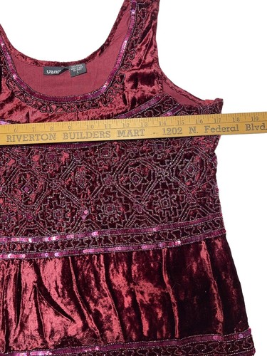 Vanity Womens L Top Velvet Tank Beaded maroon zip side - Picture 3 of 7