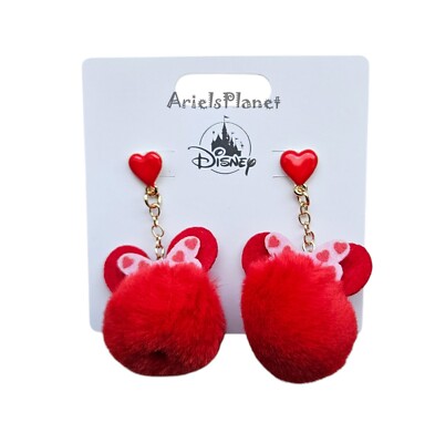Disney Parks Minnie Mouse Hearts Plush Dangle Earrings