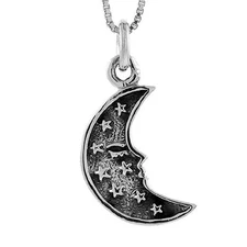 Sterling Silver Crescent Moon with Stars Pendant / Charm, Italian Box Chain 