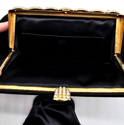 VTG Magid Black Satin Gold Rhinestone Formal Evening Bag Clutch Change Purse - Picture 3 of 6