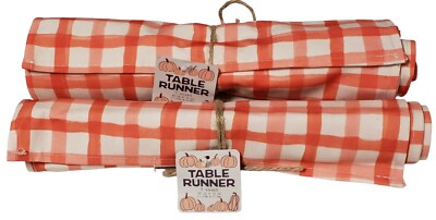 Table Runner Orange Fall Plaid Pattern Checker 48''×12'' Lot of 2 New