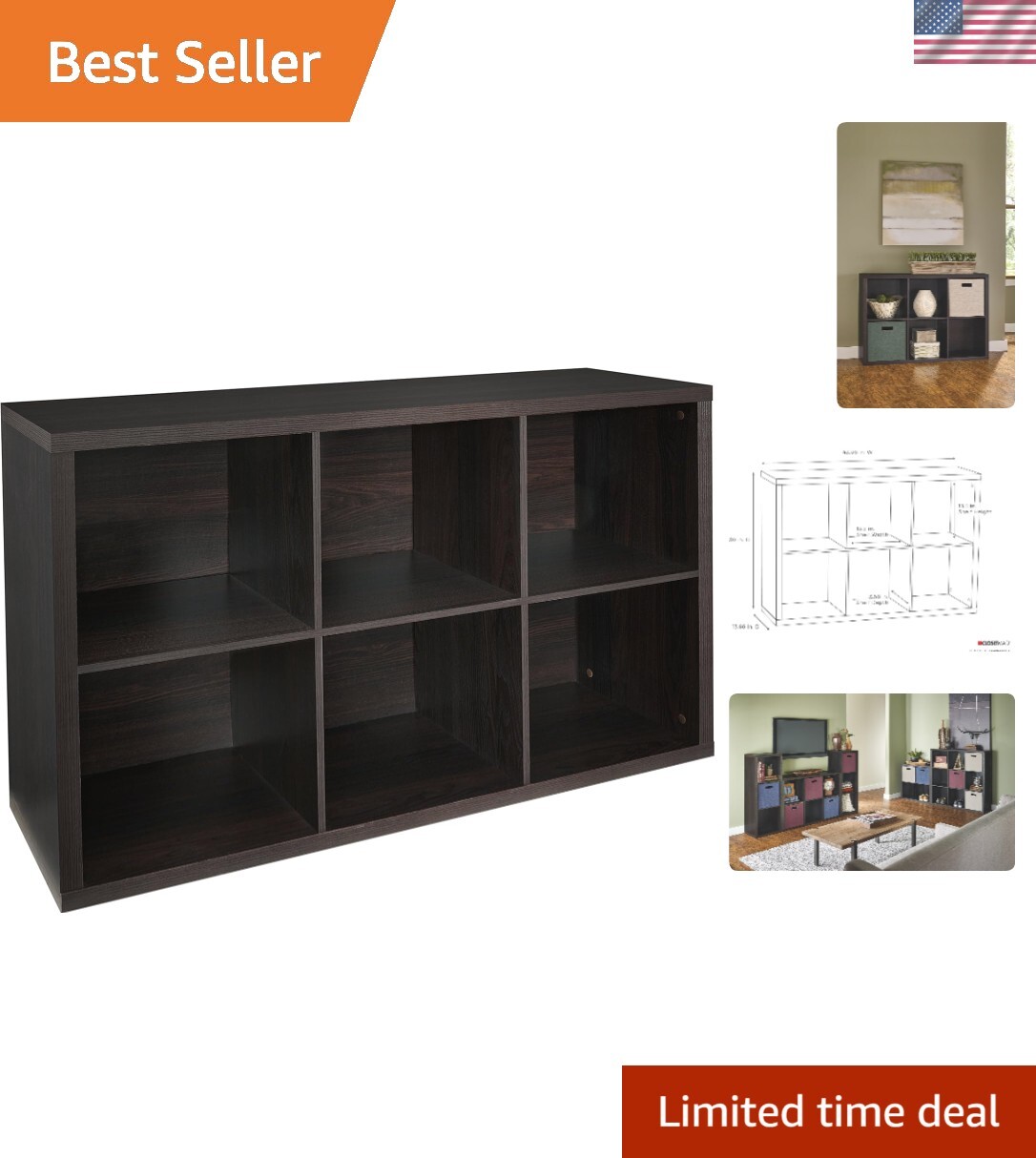 Versatile 6-Cube Storage Unit in Upscale Black Walnut for Living and Office Spaces