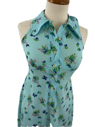 Maxi Vestido Vintage Años 70 Allegro Azul Floral Mariposa Sin Mangas Cuello Punta - Imagen 2 de 10
