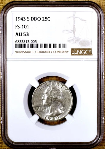 1943-S NGC AU53 FS-101 DDO Doubled Die Obverse Washington Quarter - Tough !!!