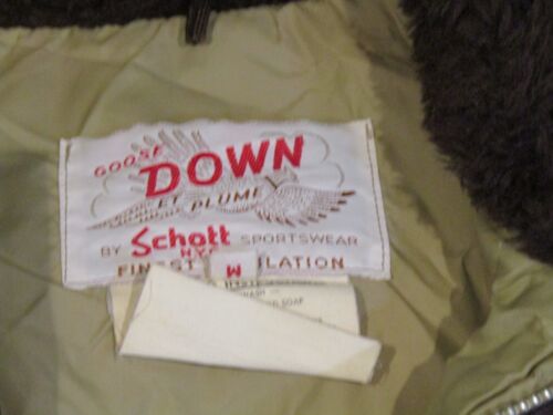 OLD VINTAGE MED. BROWN SCHOTT ET PLUM W/ MOUTON COLLAR DOWN JACKET COAT - Picture 2 of 5