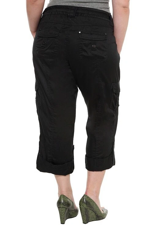 Torrid Black Pants 18 (2X) Cropped Capri Roll Hem Twill Side Cargo