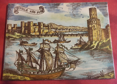 Vintage  Handpainted Glazed Ceramic Tile Sevilla Ano 1492, made in Spain