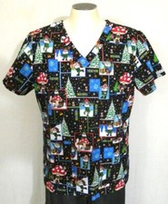 Med Couture Black XL Scrub Top Christmas Theme Polyester Blend