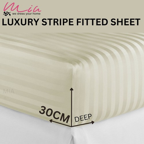 Hotel Quality Satin Stripe Fitted Sheet 100% P Cotton Double Bed Mattress Cover - Picture 5 of 44