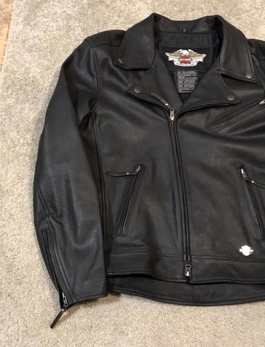 Men's HARLEY DAVIDSON Black Leather Biker Jacket - L - Looks NEW! - Picture 4 of 12