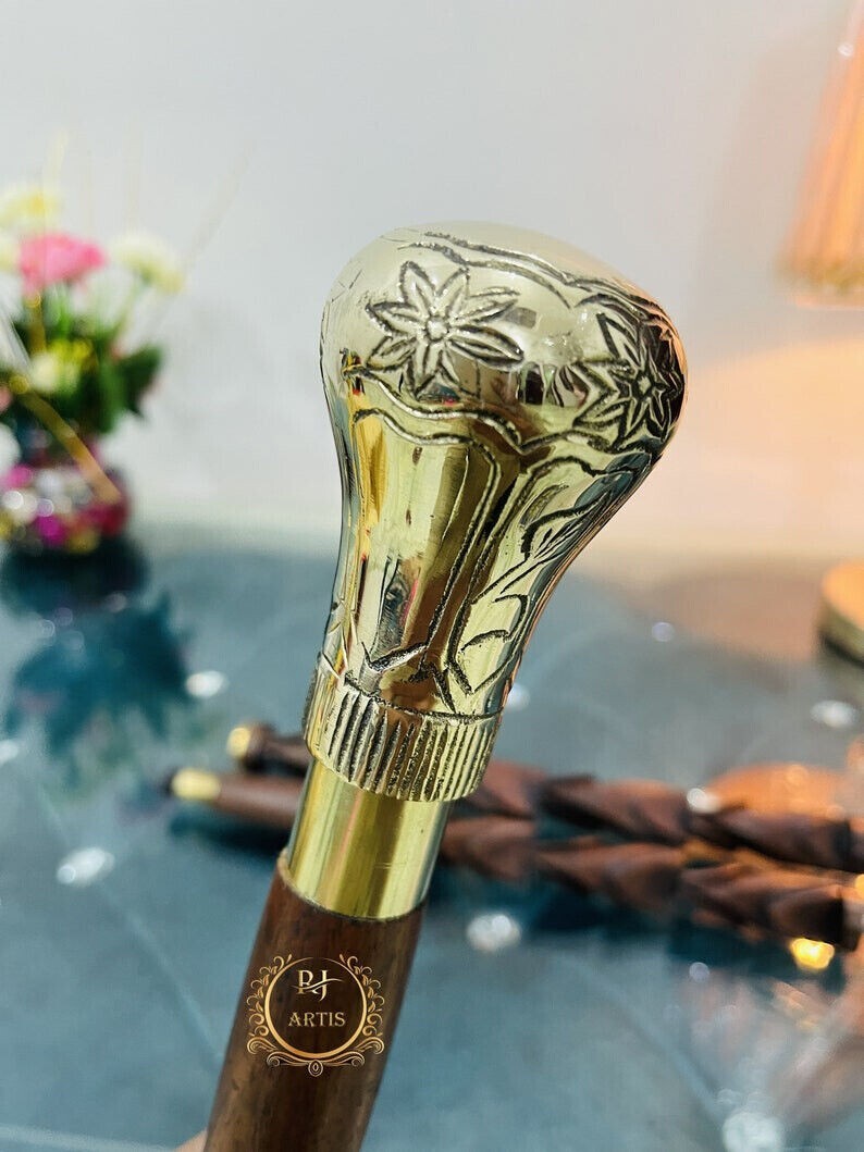 Vintage solid Brass round Head Handle Engraved Br… - image 8