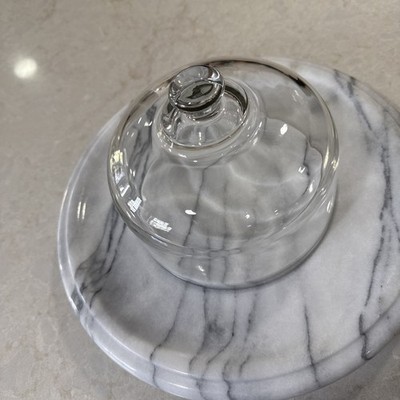 Vintage White Marble Base With Lidded Glass Dome  - Cheese Cloche