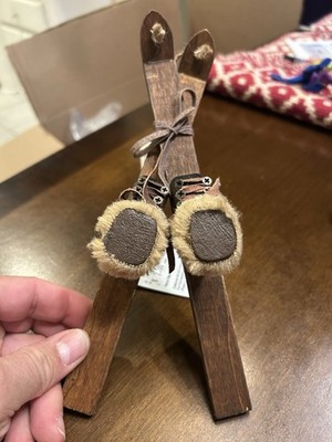 Creative Co-op Wooden Boots and Skis Ornament Hand Made of Wood and Leather NEW