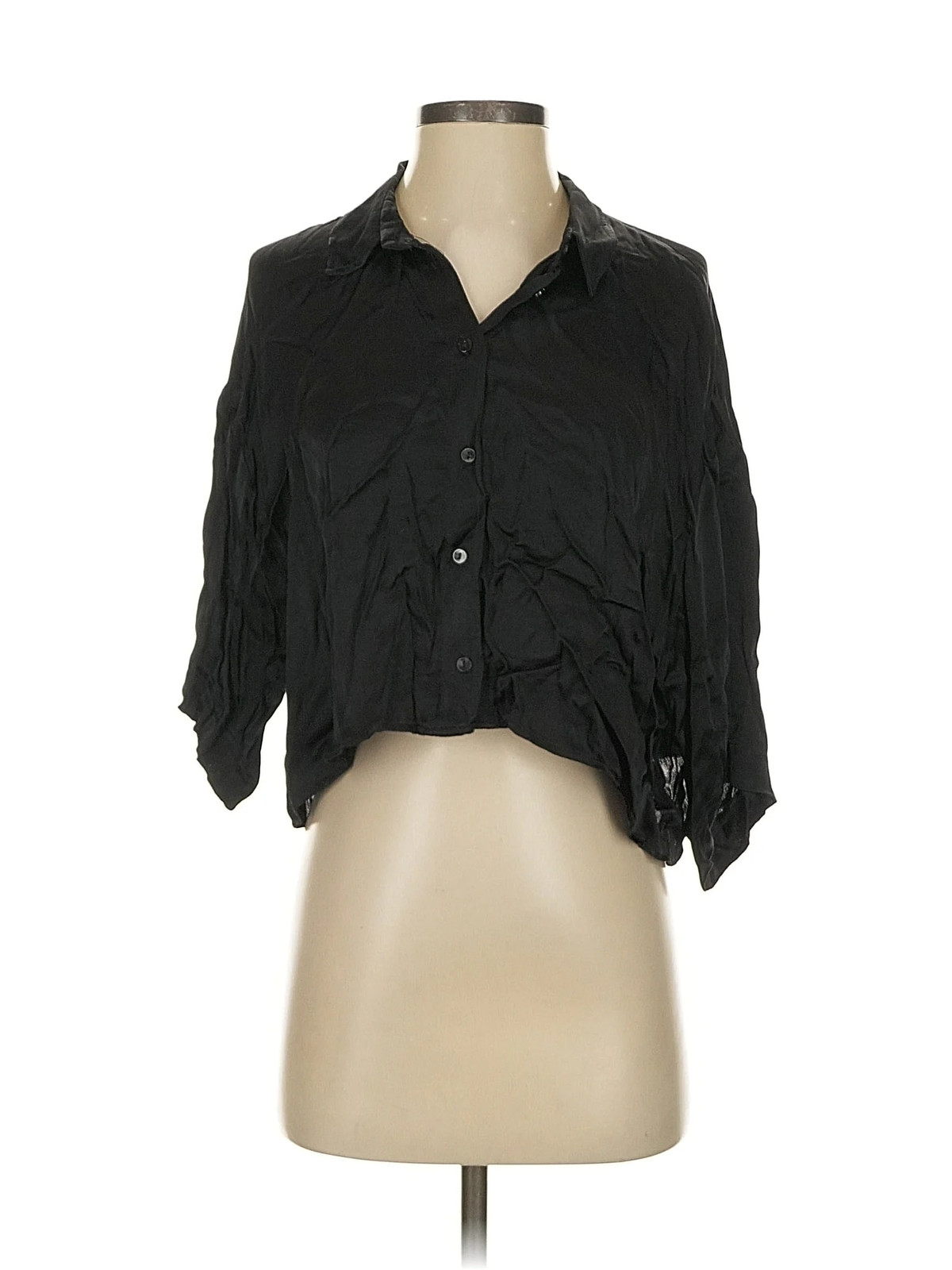 Zara Women Black 3/4 Sleeve Button-Down Shirt S