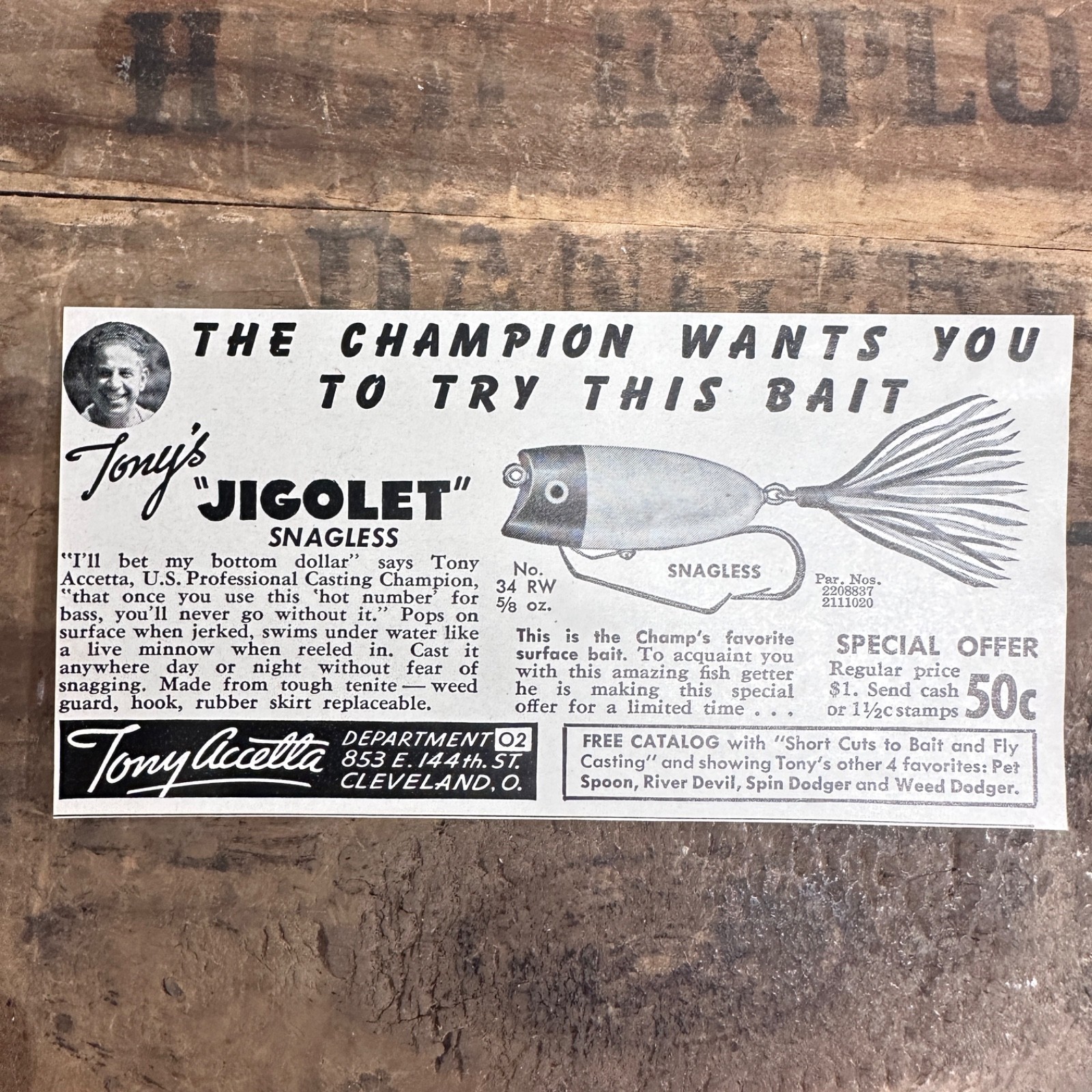 1941 Tony Accetta Jigolet Fishing Lure Vintage Print Ad Cleveland Ohio Bait