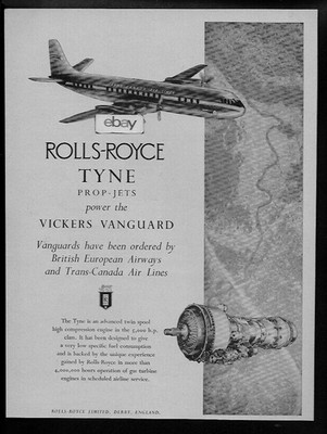 TCA TRANS CANADA AIRLINES 1958 VICKERS VANGUARD ROLLS ROYCE TYNE ENGINE AD