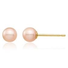 14K Solid Yellow Gold 4mm Pink Round Freshwater Cultured Pearl Stud Earrings