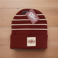 Dr Pepper Beanie Winter Ski Hat Skull Cap Burgundy Striped Knit Adult