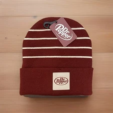 Dr Pepper Beanie Winter Ski Hat Skull Cap Burgundy Striped Knit Adult