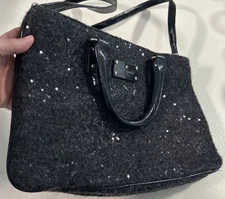 Kate Spade Brette Purse Felt Flurry Black Wool Patent Leather Sequins Handbag