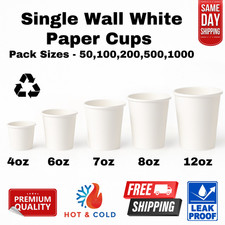 White Single Wall Paper Coffee Cups Bulk 4oz–12oz Hot Drink Takeaway Wholesale