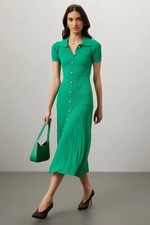 Sandro Womens Lorel Dress Size 42 Green Knit Short Sleeve Classic Button Front