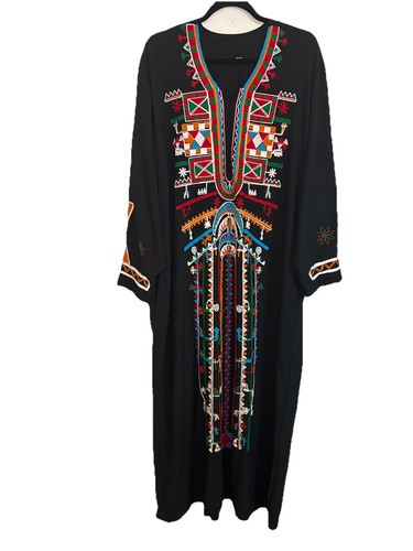 Embroidered Bohemian Style Egyptian Cotton Long Sleeve Maxi Dress Caftan XL - Picture 8 of 22
