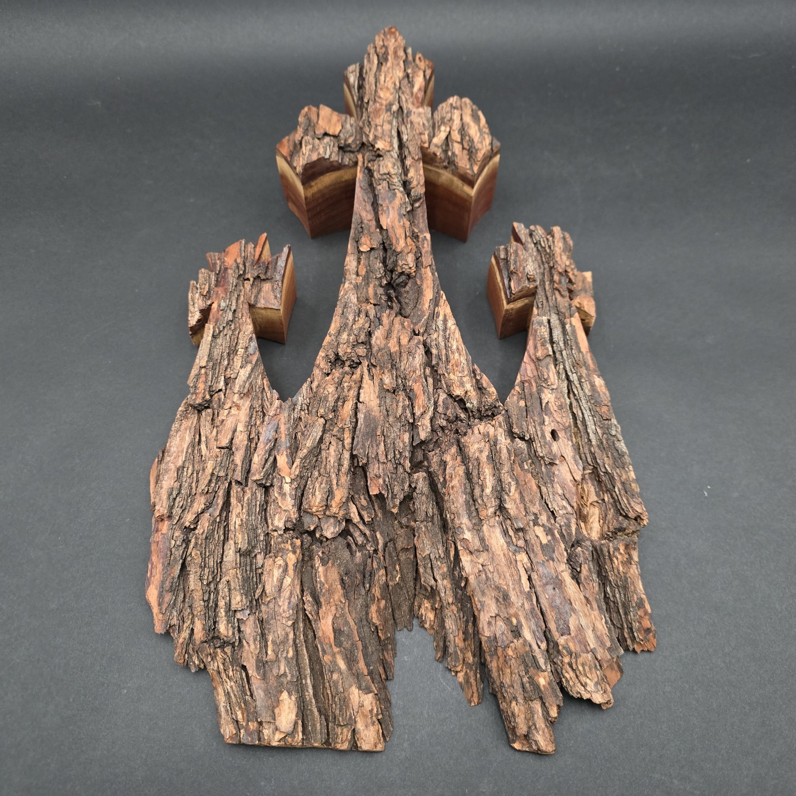 Hand Carved Bark Wood Triple Cross Hand Made Tree Bark Crucifixion Christian