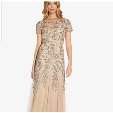 NWT Adrianna Papell Floral Beaded Sequin Godet Dress Dusty Rose Nude Silver
