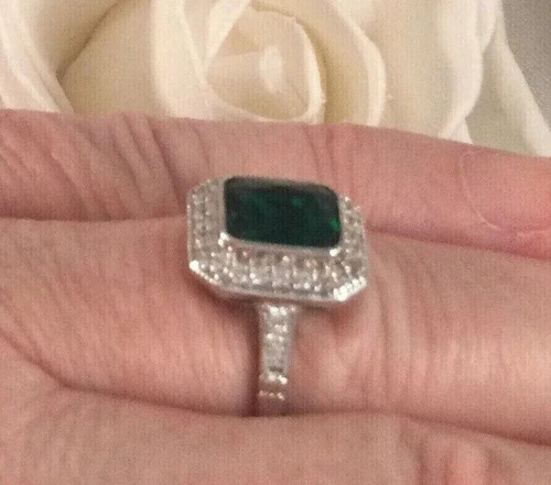 Emerald Simulated Green Emerald Halo Wedding Band Ring In 14k White Gold Plated - Picture 7 of 7