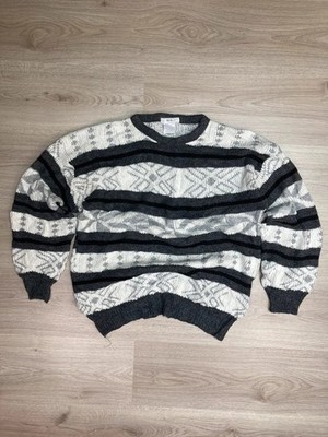 Vintage Strick Pullover Streifen Muster Made in England XL weiß schwarz grau