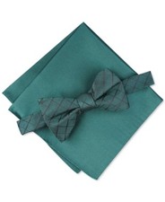 Alfani Mens Grid Pre-Tied Bow Tie Solid Pocket Square Set Green