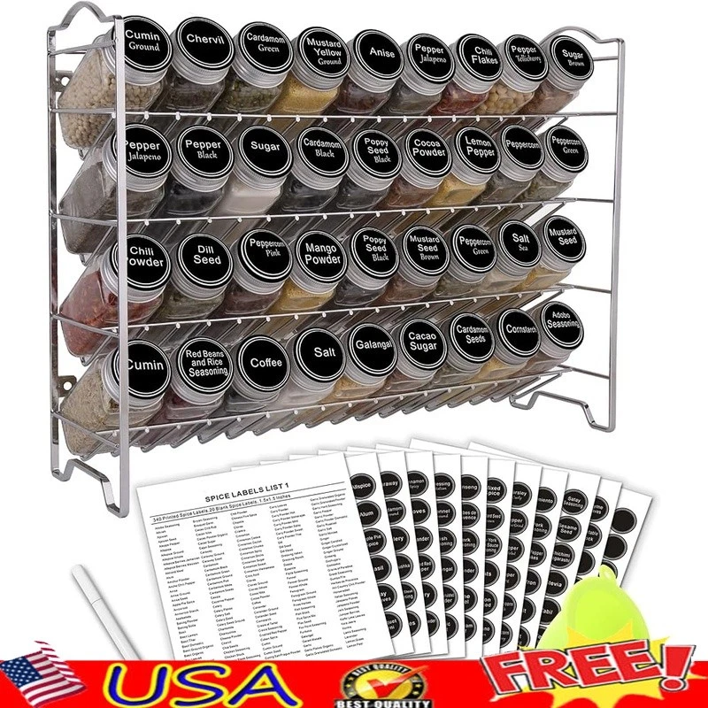 Spice Rack Organizer W/ 36 Glass Jars 396 Labels Funnel Easy Kitchen Storage New