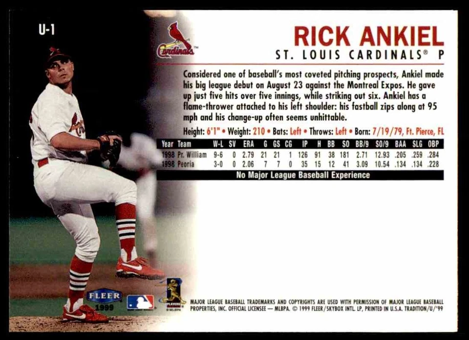 1999 Fleer Tradition Update Rick Ankiel Rookie St. Louis Cardinals #U-1 - Image 2 of 2