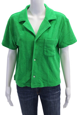 WSLY Women Basic Collared Button-Up Top Green Short Sleeve Size S