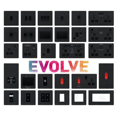 BG Evolve mattschwarz schraubenlose Schalter & Steckdosen schwarze Einsätze Full Range