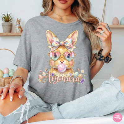 Girls Personalized name Easter Shirt, Bubblegum Bunny Shirt, Coquette Easter Tee