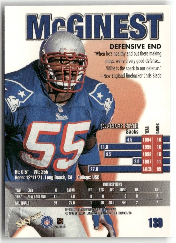 1998 SKYBOX THUNDER WILLIE MCGINEST NEW ENGLAND PATRIOTS #139 - Image 2 of 3