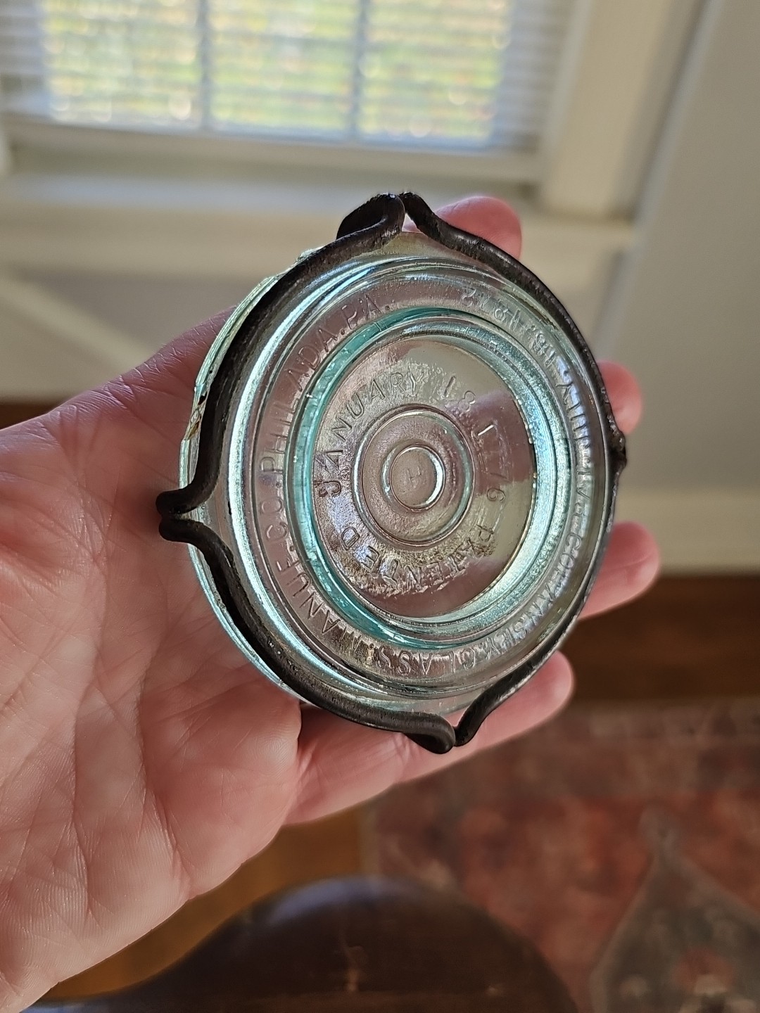 Apple green Cohansey fruit canning jar tall cylinder quart aqua wire lid Mason