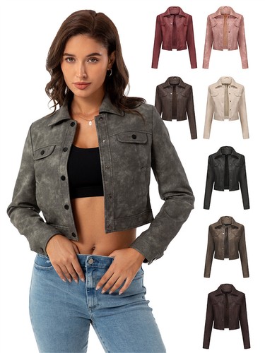 Women Faux Leather Jacket Moto Biker Jacket Button PU Coat Party Cropped Jacket - Bild 1 von 19