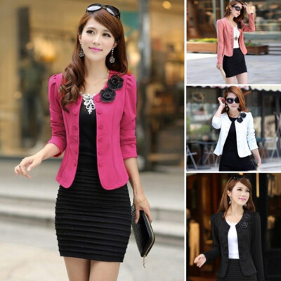 Women Business Short Jacket Coat Open Front Cardigan Slim Fit Suit Coat Blazer