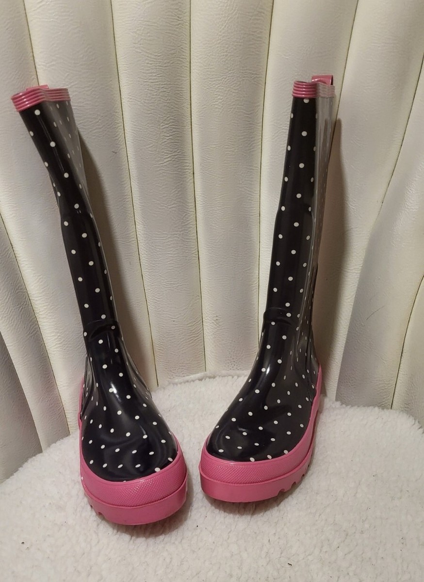 J Crew Womens Polka Dot Knee High Rain Boots Black and Pink