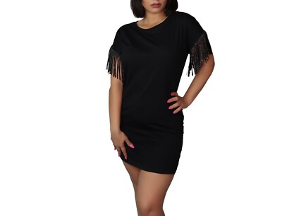 T-shirt Kleid Schwarz Damen Gr.S/M mit Fransen , Strass  aus Boutiqueauflösung .