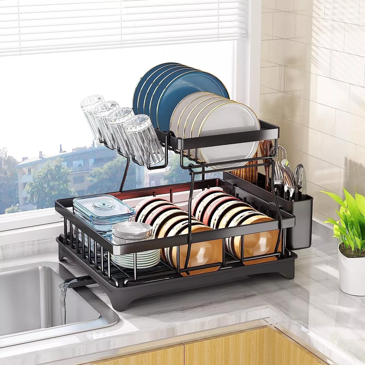 2 Tier Dish Drying Rack with Drainboard Set Glass Utensil Holder Dish  Drainers